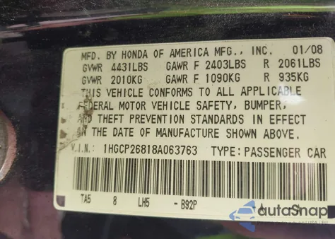 2008 Honda Accord 2.4 Ex-L из США, поврежденный, VIN 1HGCP26818A063763